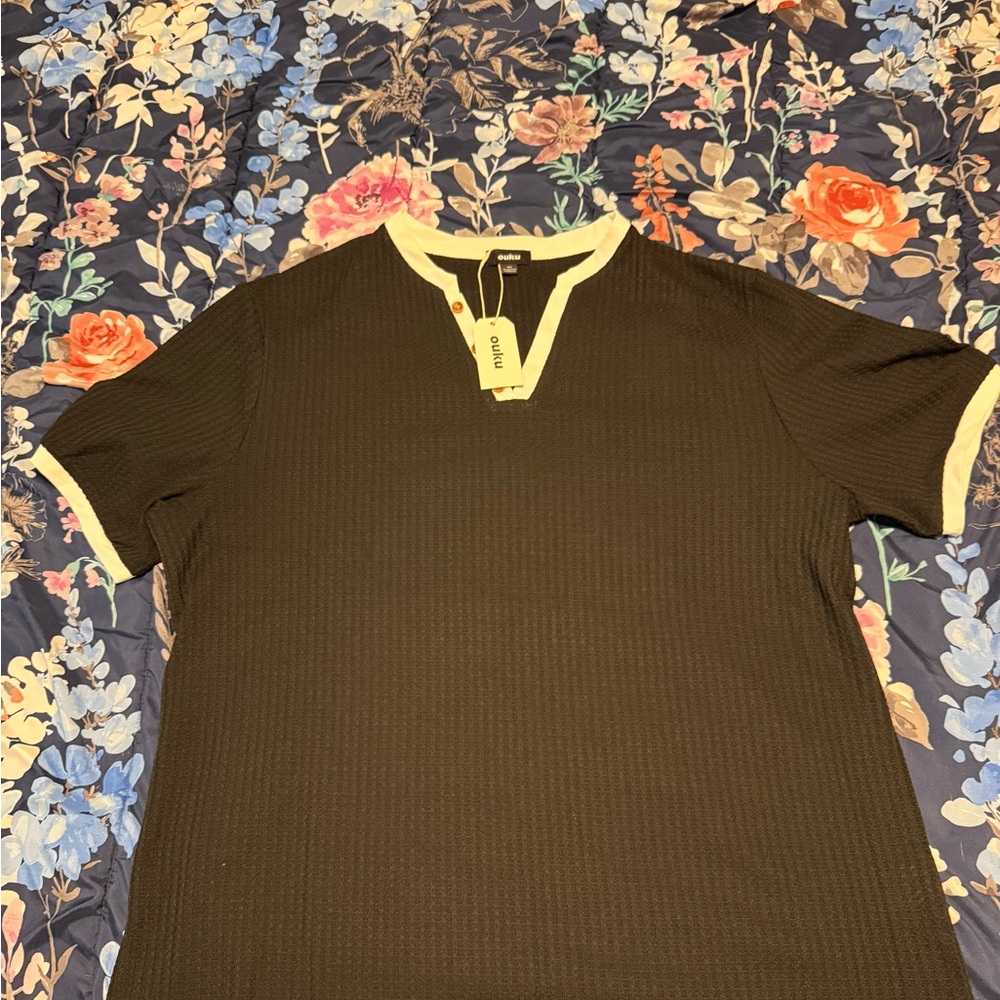 Men's Waffle Henley Shirt Waffle Knit Tee Top Solid Color V Neck Men’s Size 3XL - Picture 2 of 9